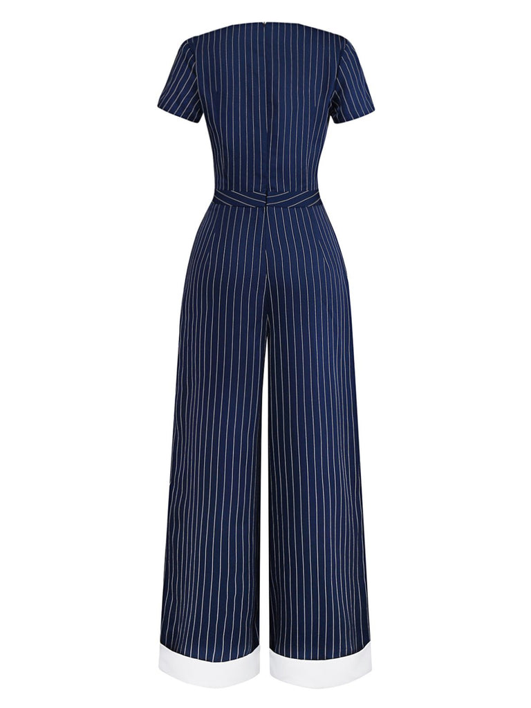 Blau 1930er Streifen Revers Jumpsuit