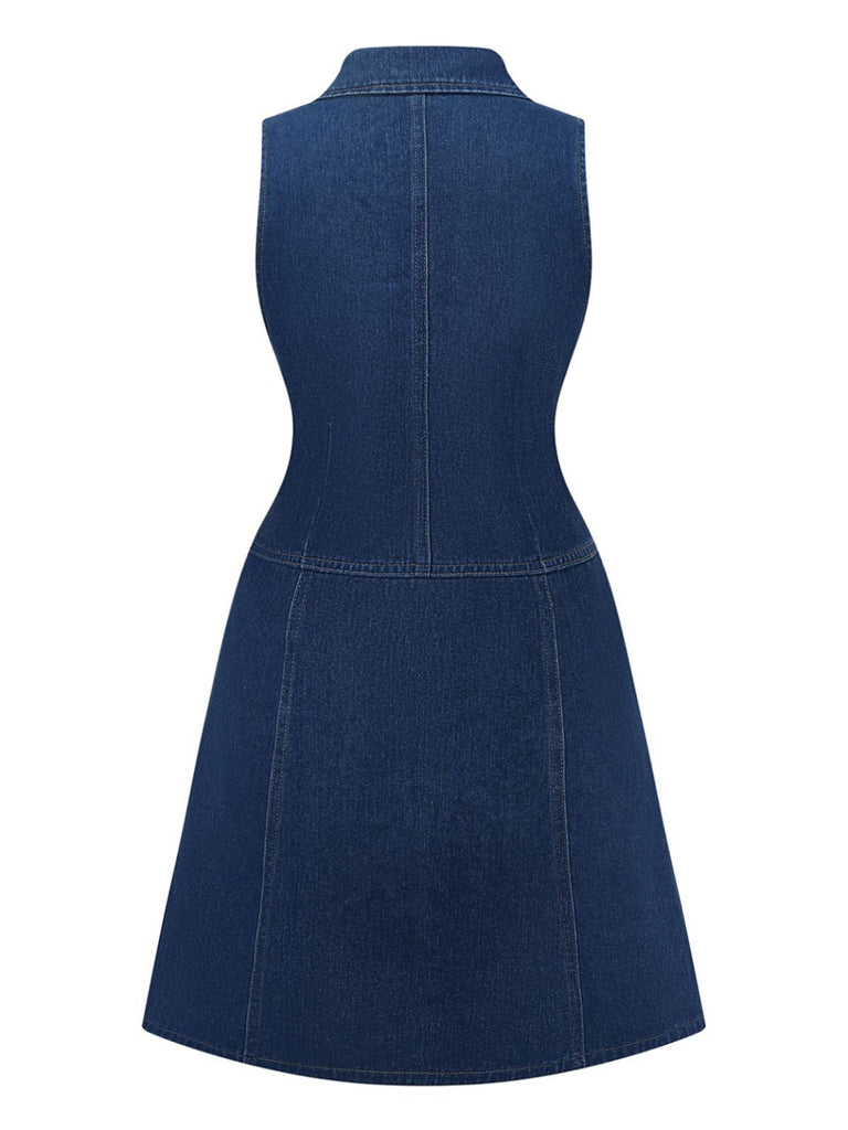 Tiefblau 1970er Denim Revers Ärmellos Taste Kleid