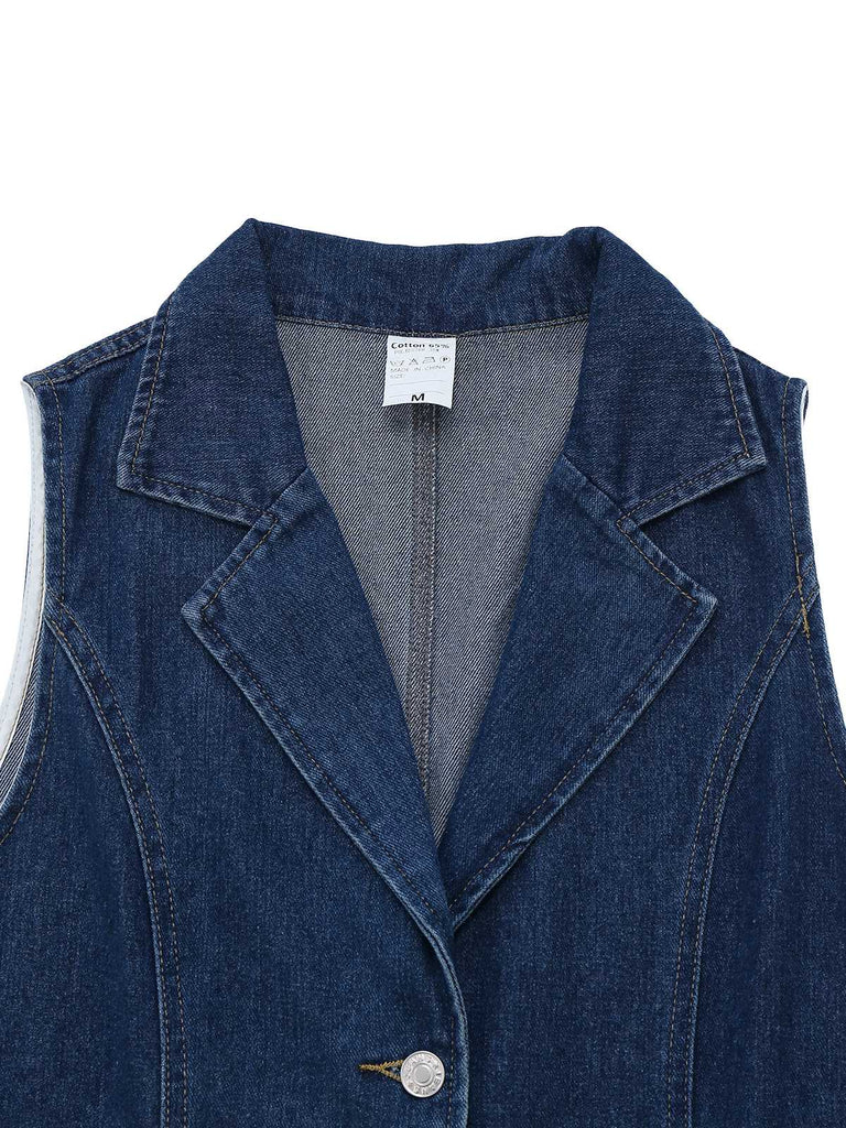 Tiefblau 1970er Denim Revers Ärmellos Taste Kleid