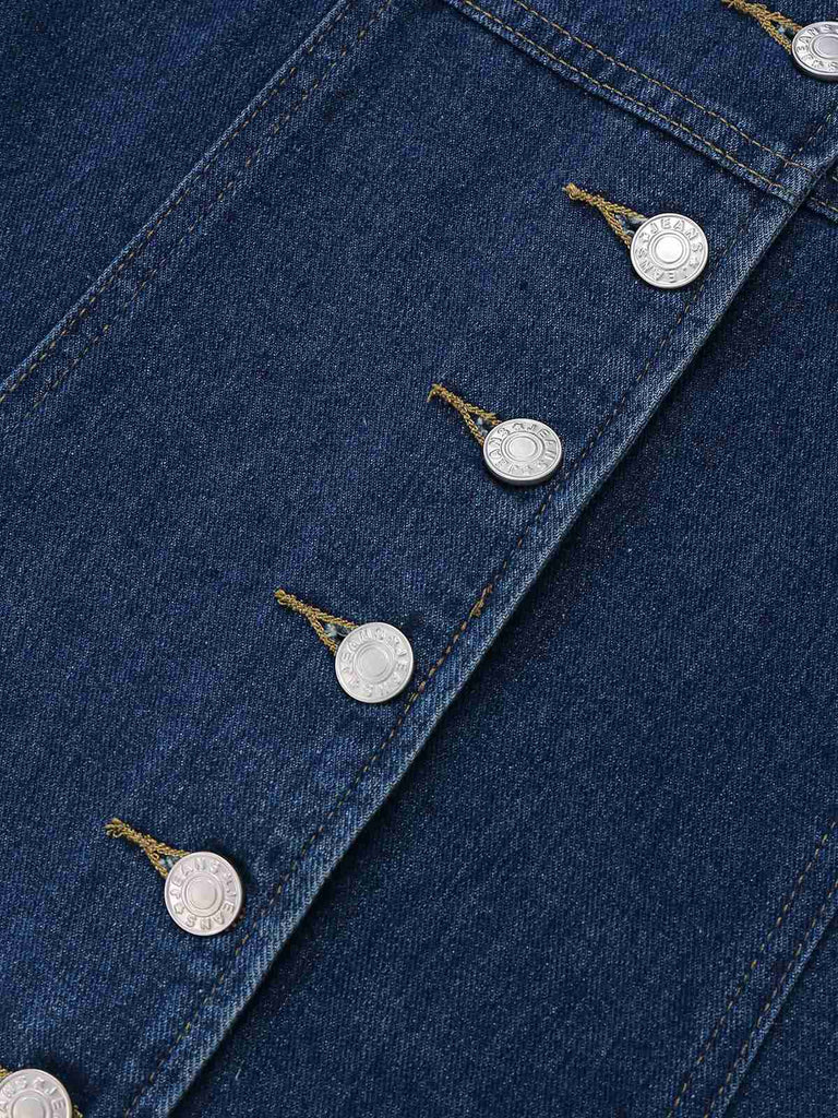 Tiefblau 1970er Denim Revers Ärmellos Taste Kleid