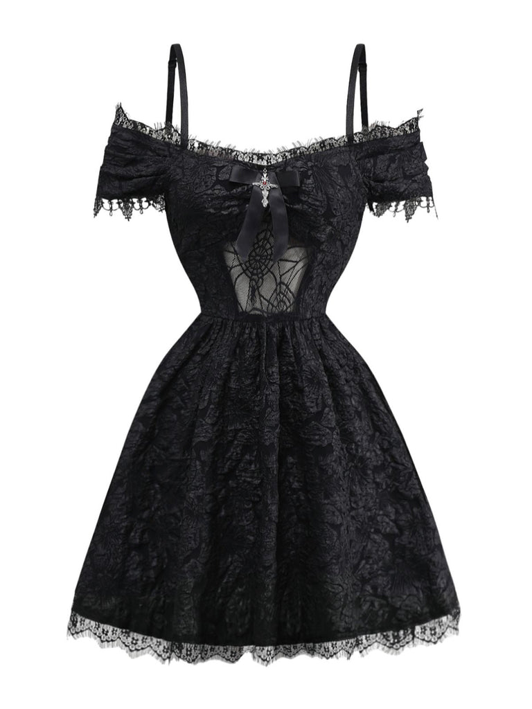 1950er Gothic Halloween Spinnennetz & Kreuz Strukturiert Kleid