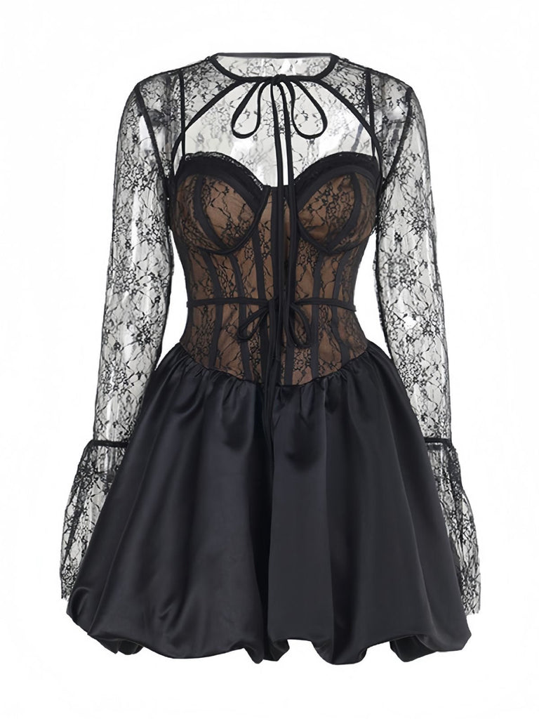 2PCS Schwarz 1960er Spitze Cover-Up & Geschwollen Kleid