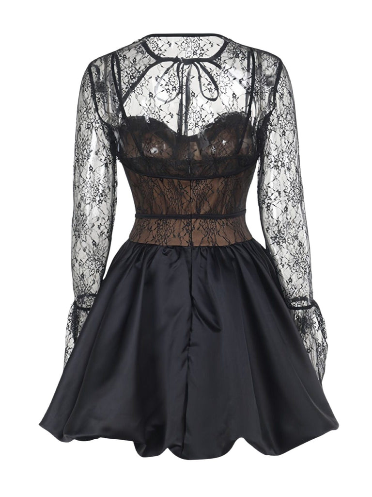 2PCS Schwarz 1960er Spitze Cover-Up & Geschwollen Kleid