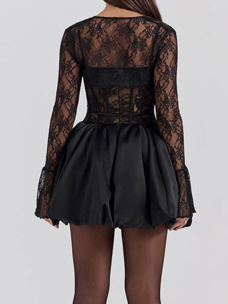 2PCS Schwarz 1960er Spitze Cover-Up & Geschwollen Kleid