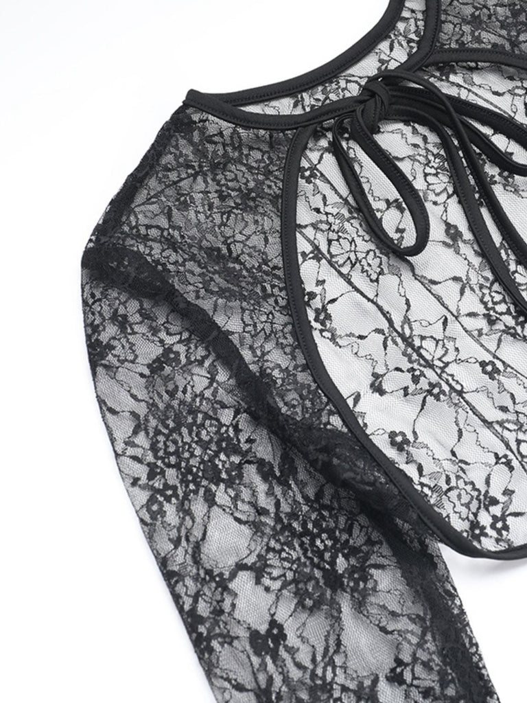 2PCS Schwarz 1960er Spitze Cover-Up & Geschwollen Kleid