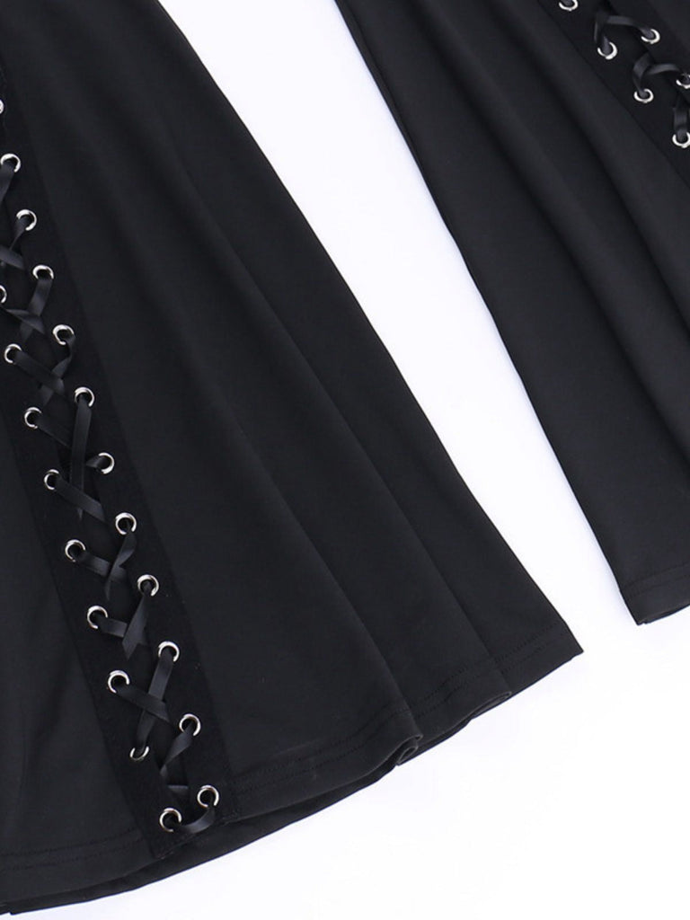 Schwarz 1980er Punk Kordelzug Geschnürt Bootcut Hose