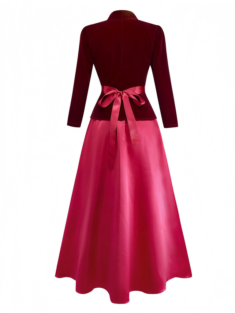 2PCS Weinrot 1940er V-Ausschnitt Samt Jacke & Rock