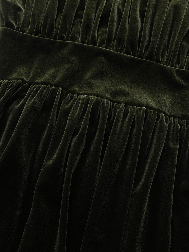 Grün 1940er Samt Tief-V Puffärmel Gerüschtes Kleid