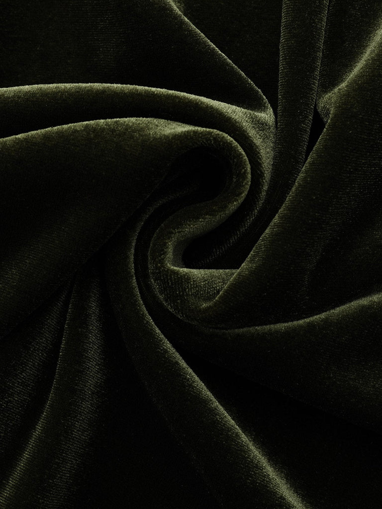 Grün 1940er Samt Tief-V Puffärmel Gerüschtes Kleid