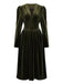Grün 1940er Samt Tief-V Puffärmel Gerüschtes Kleid