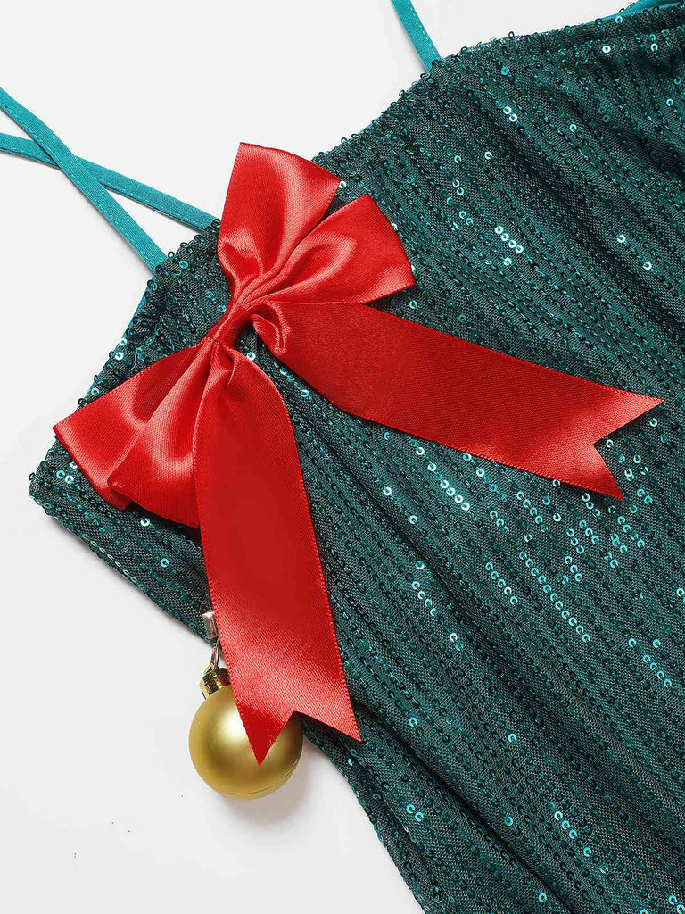 Grün 1960er Bogen & Weihnachten Glocke Pailletten Kleid