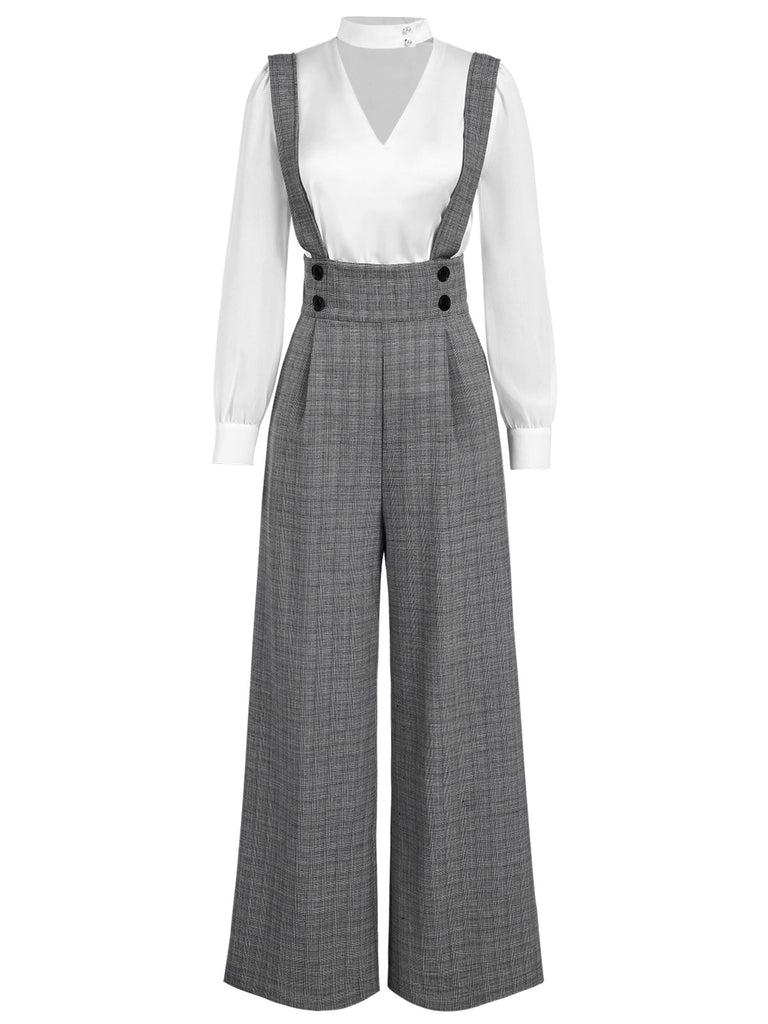 2PCS 1940er Satin Puffärmel Bluse & Glen Plaid Overall Hose