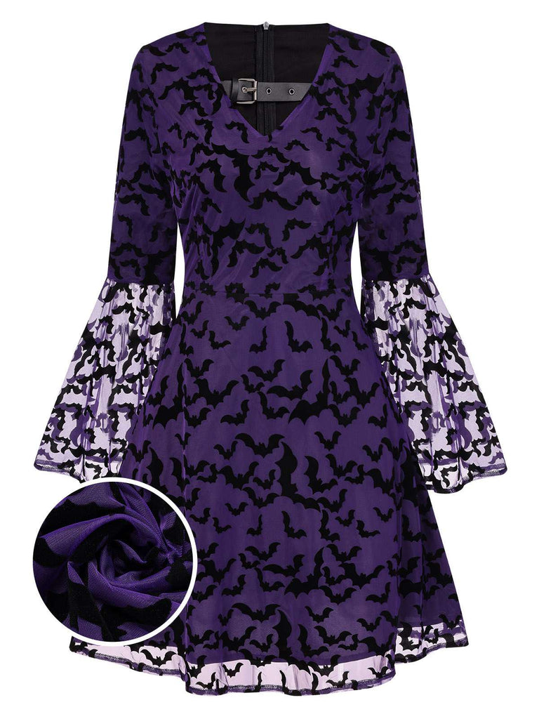 Lila 1960er Fledermäuse Masche Glockenärmel Kleid