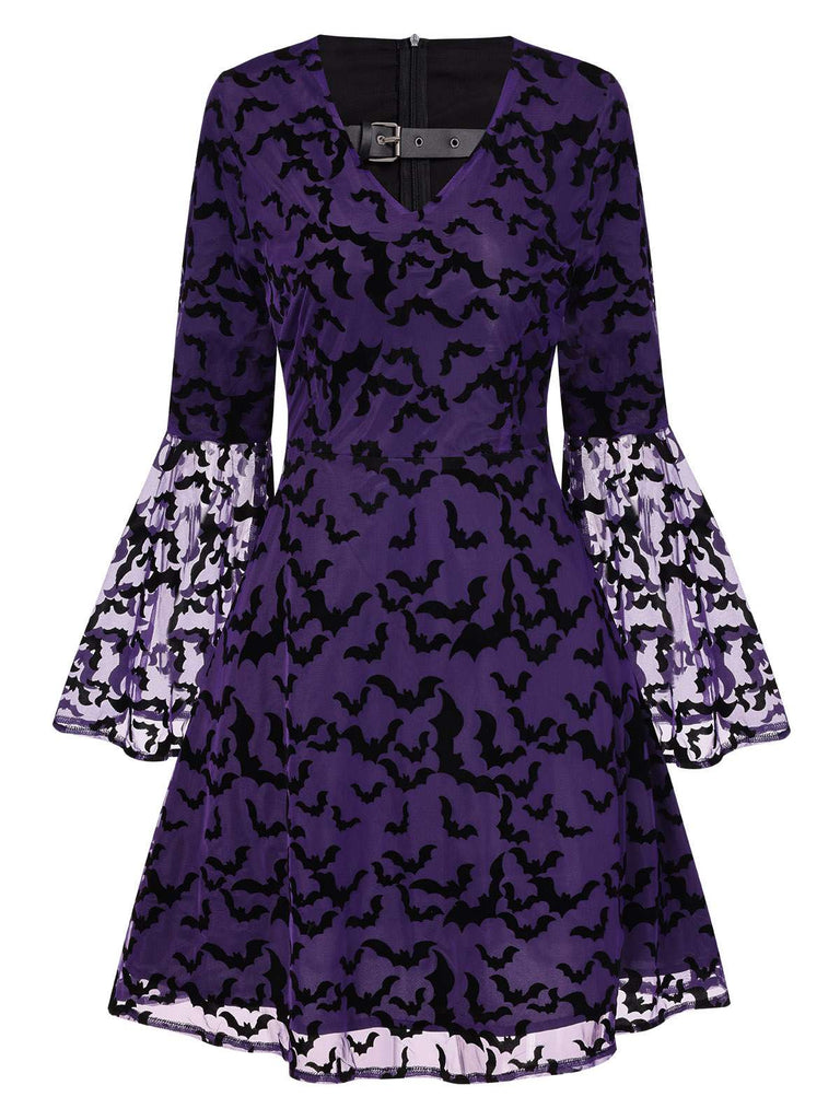 Lila 1960er Fledermäuse Masche Glockenärmel Kleid