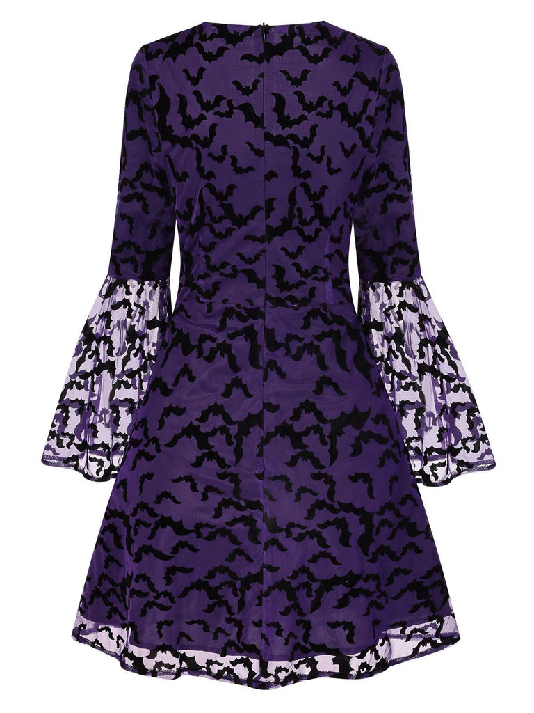 Lila 1960er Fledermäuse Masche Glockenärmel Kleid