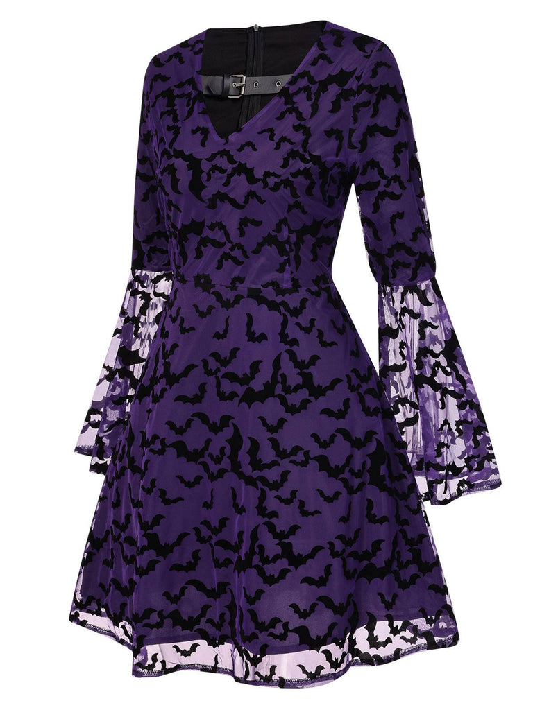 Lila 1960er Fledermäuse Masche Glockenärmel Kleid