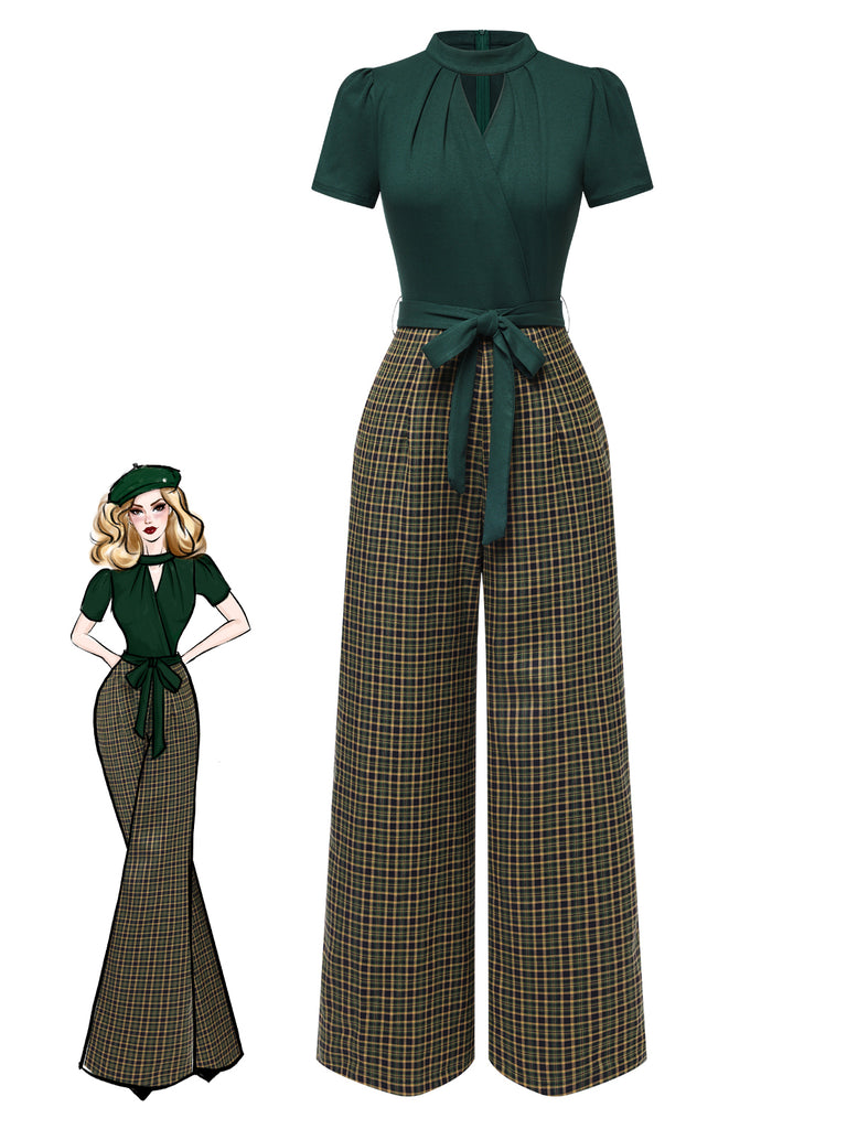 Grün 1930er Plaid Schlüssellochhals Jumpsuit