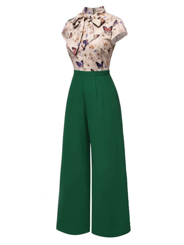 Grün 1930er Krawattenhals Plaids Schmetterlinge Jumpsuit