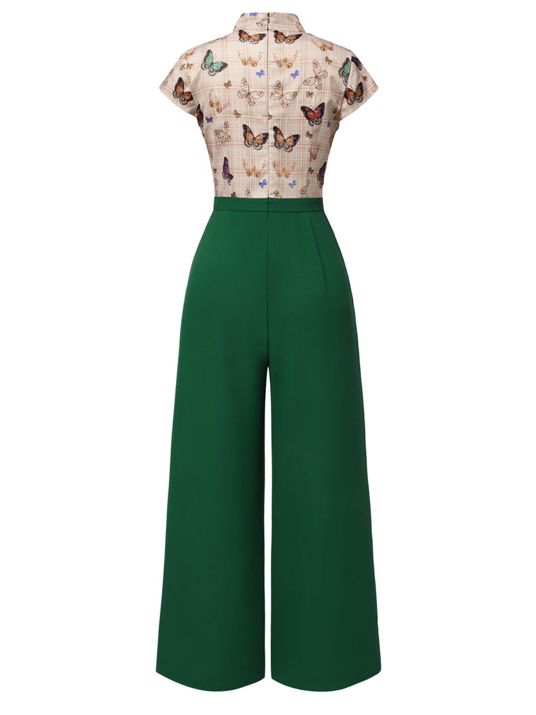 Grün 1930er Krawattenhals Plaids Schmetterlinge Jumpsuit