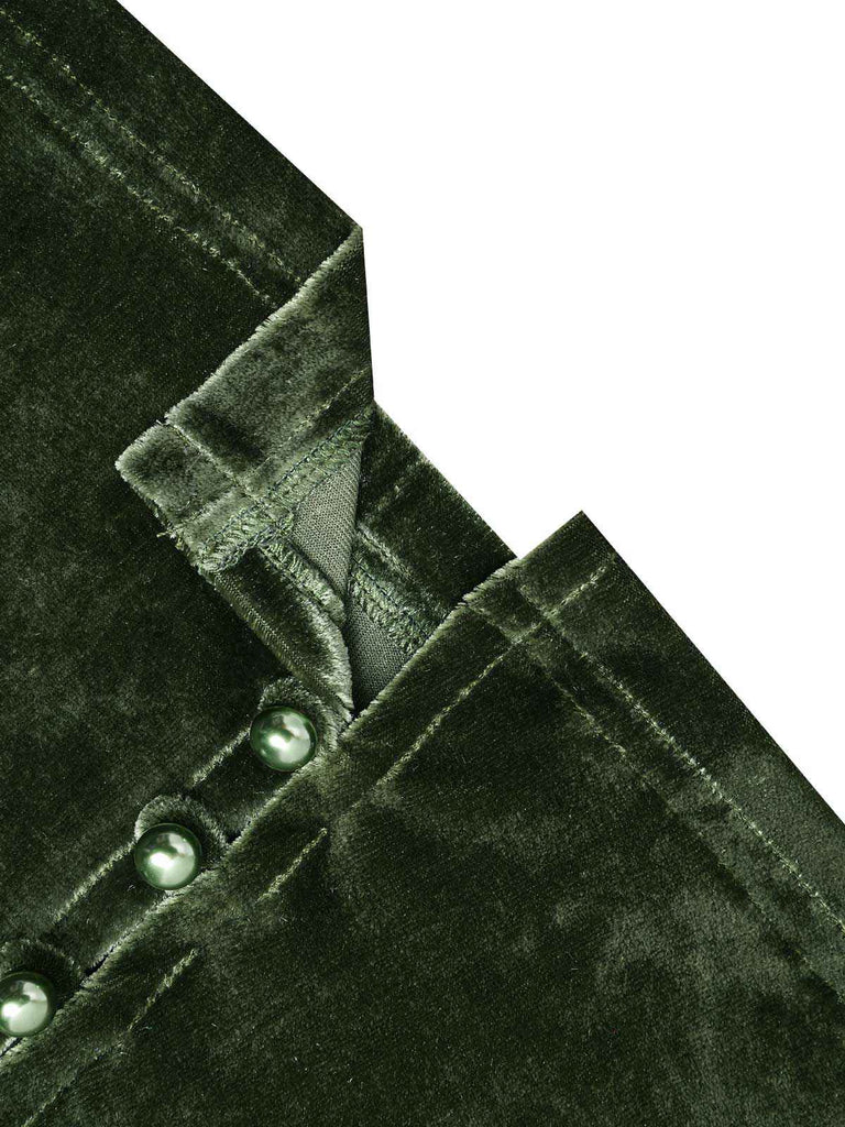 Grün 1940er Tief V-Ausschnitt Perle Samt Kleid