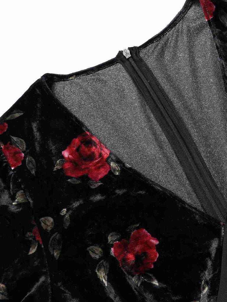 Schwarz 1930er Rose Samt Fischschwanzkleid