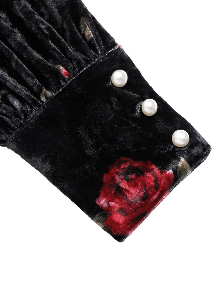 Schwarz 1930er Rose Samt Fischschwanzkleid