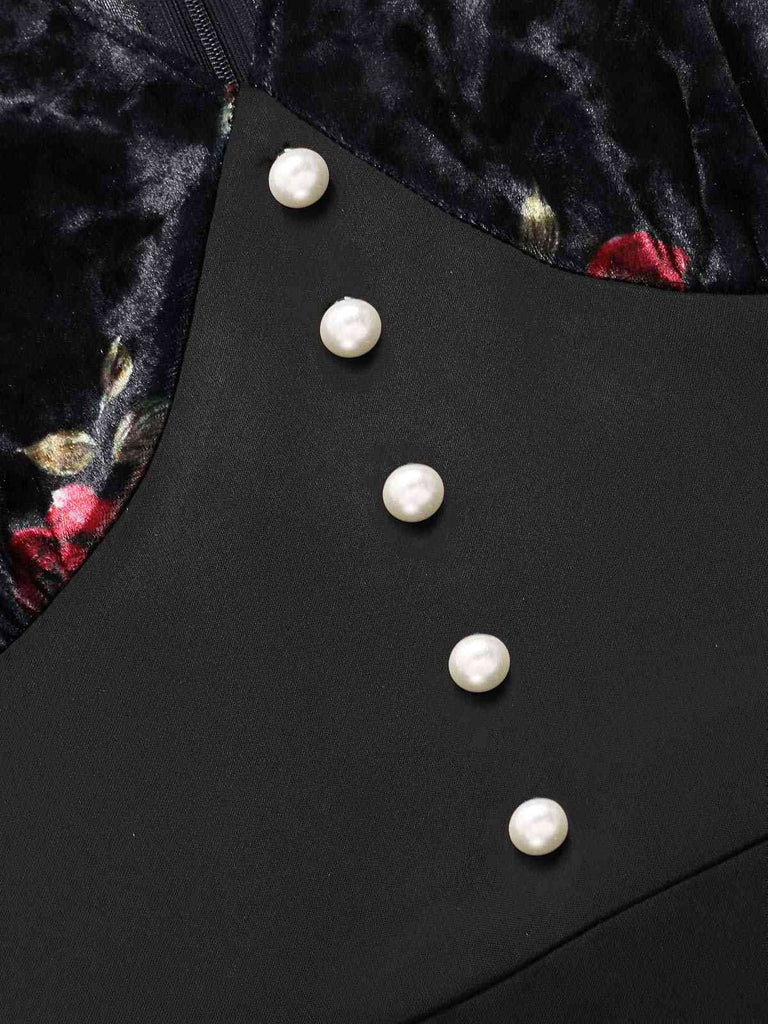 Schwarz 1930er Rose Samt Fischschwanzkleid