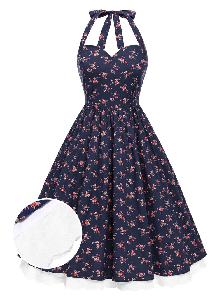 Blau 1950er Halter Spitze Baumwolle Blumen Kleid