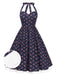 Blau 1950er Halter Spitze Baumwolle Blumen Kleid