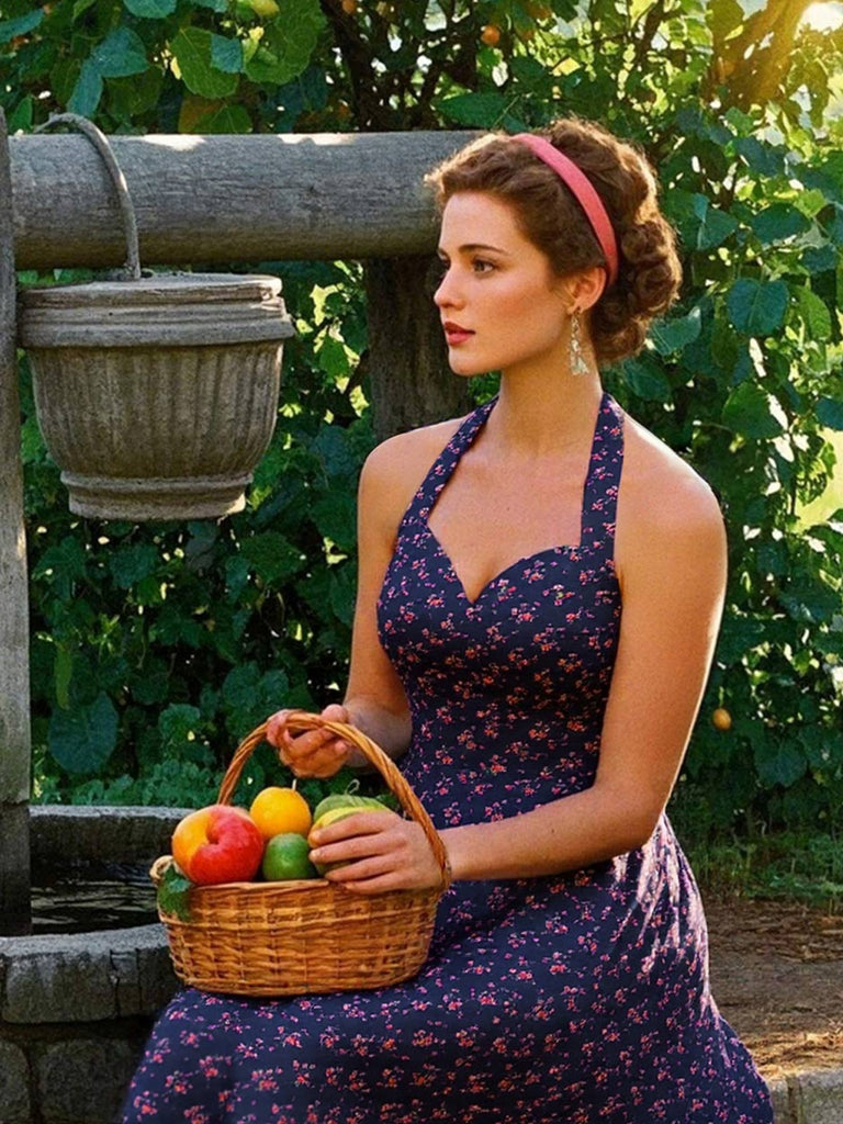 Blau 1950er Halter Spitze Baumwolle Blumen Kleid