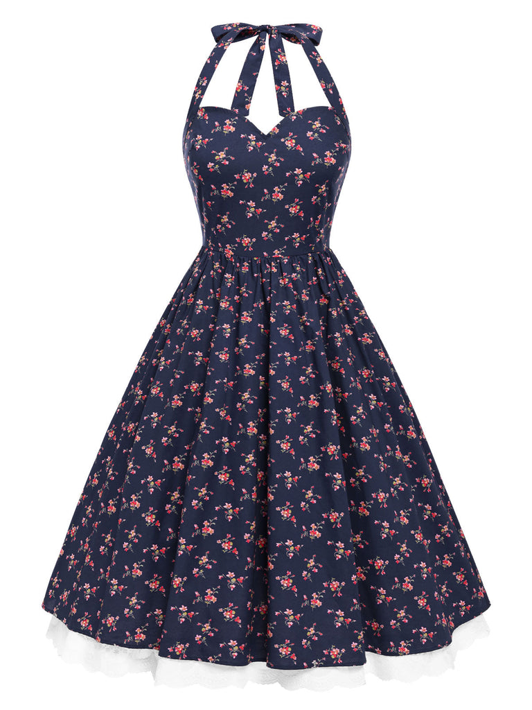 Blau 1950er Halter Spitze Baumwolle Blumen Kleid