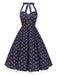 Blau 1950er Halter Spitze Baumwolle Blumen Kleid