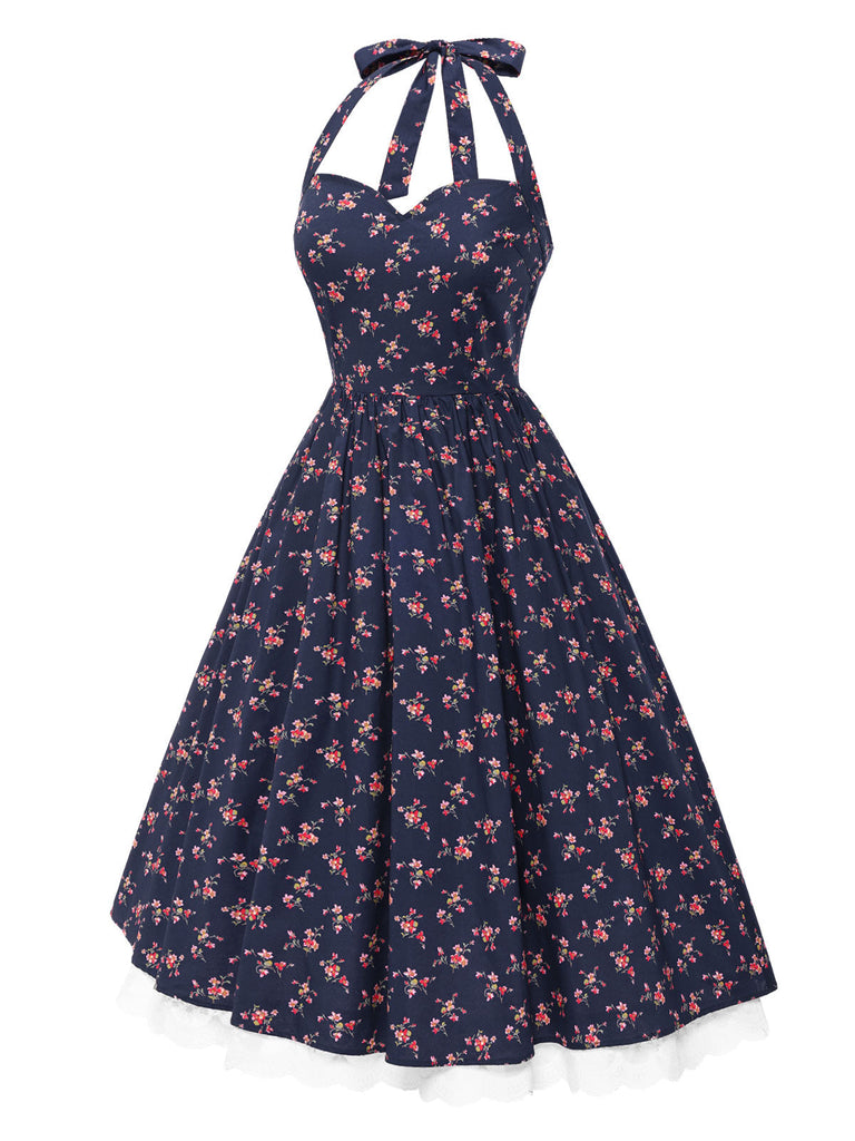 Blau 1950er Halter Spitze Baumwolle Blumen Kleid