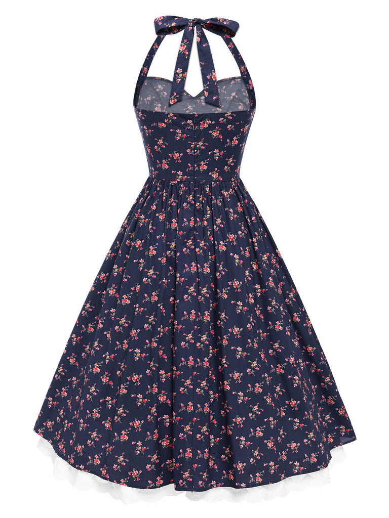 Blau 1950er Halter Spitze Baumwolle Blumen Kleid