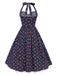 Blau 1950er Halter Spitze Baumwolle Blumen Kleid