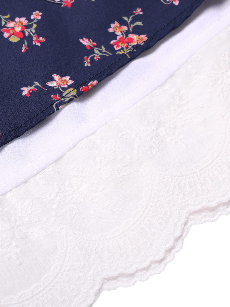 Blau 1950er Halter Spitze Baumwolle Blumen Kleid