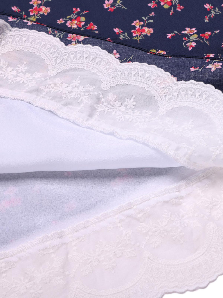 Blau 1950er Halter Spitze Baumwolle Blumen Kleid