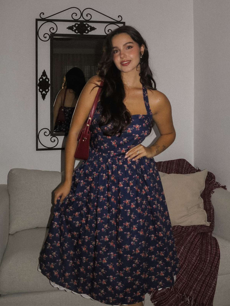 Blau 1950er Halter Spitze Baumwolle Blumen Kleid