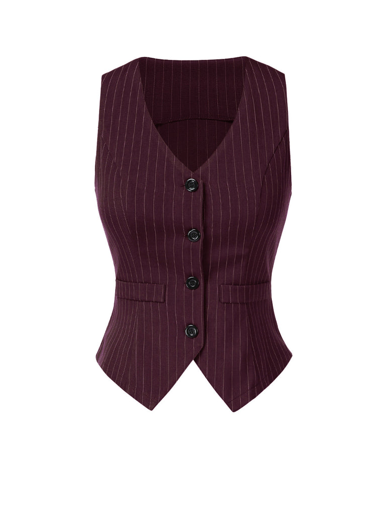 2PCS Weinrot 1960er Nadelstreifen Top & Plissiertes Rock