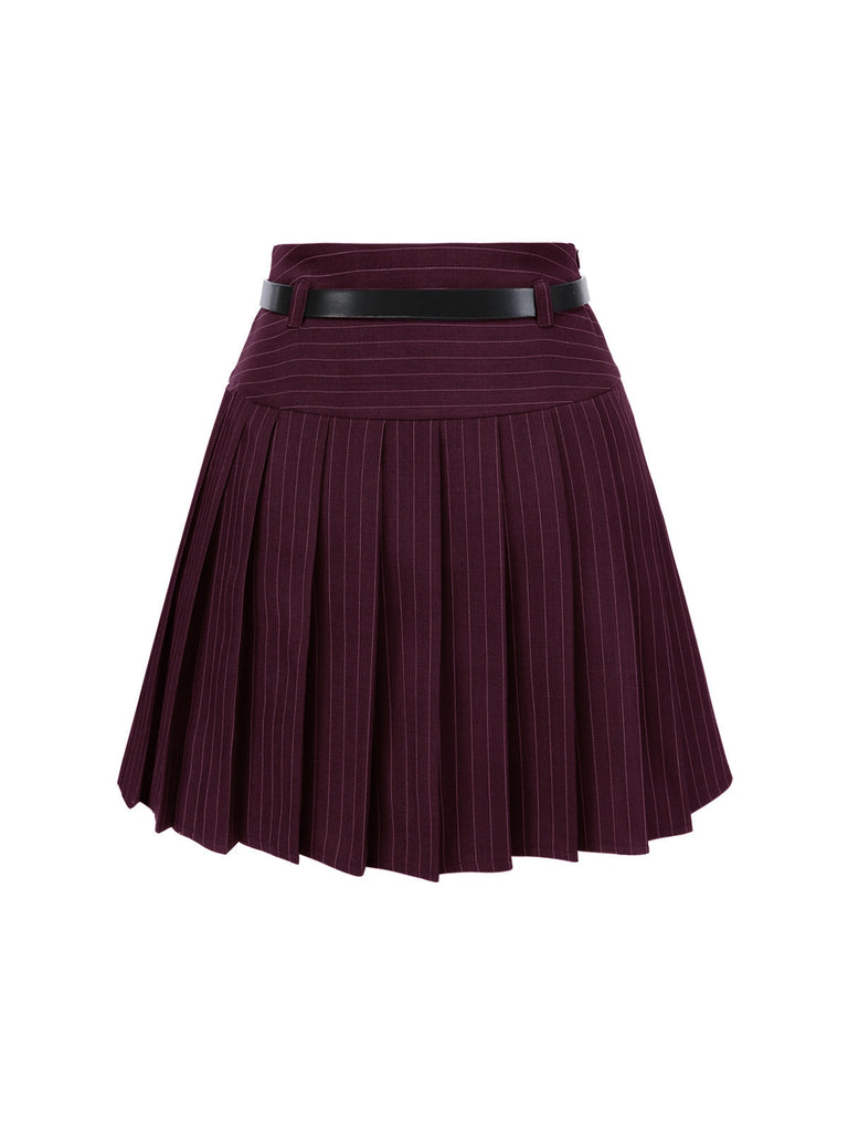 2PCS Weinrot 1960er Nadelstreifen Top & Plissiertes Rock