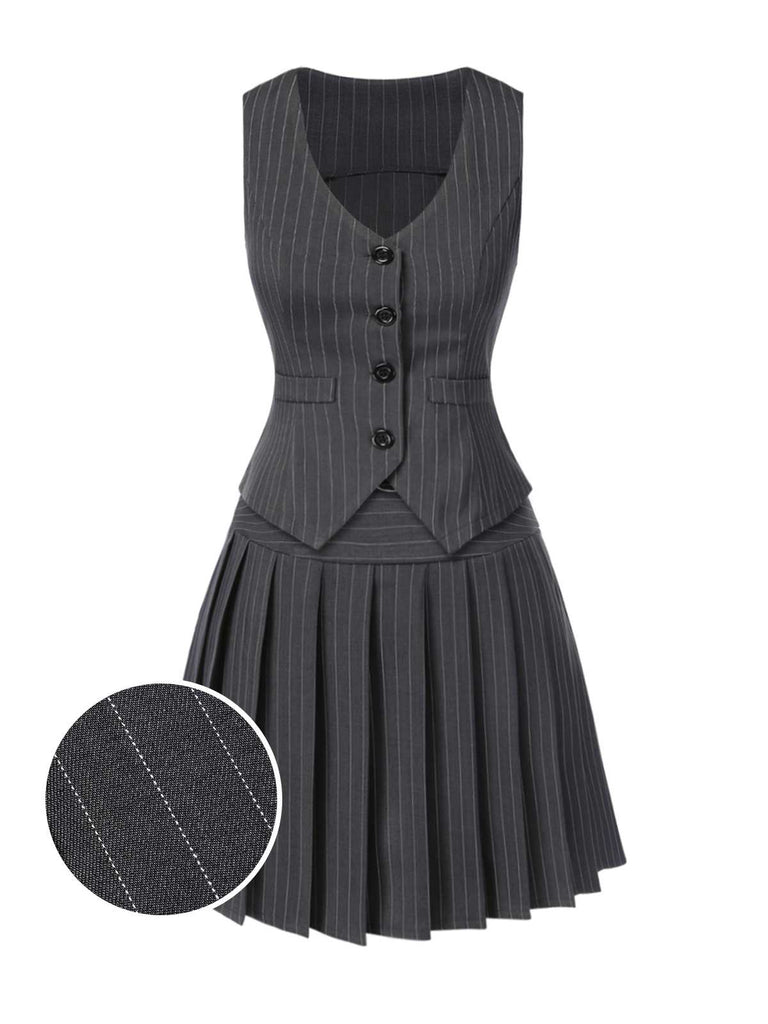 2PCS Weinrot 1960er Nadelstreifen Top & Plissiertes Rock