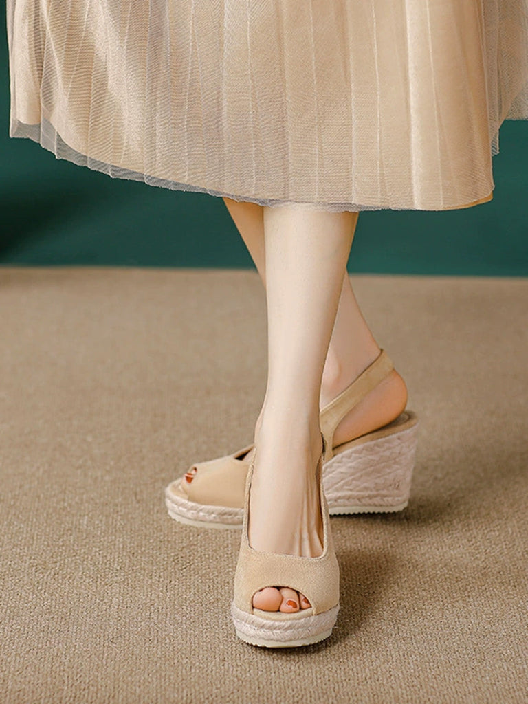 Beige Vintage Peep Zehe Slingback Keil Sandalen