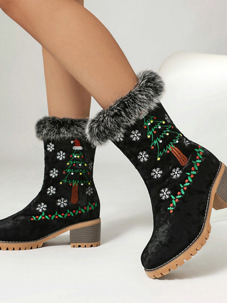 Vintage Weihnachtsbaum Schneeflocke Plüsch Klobig Ferse Stiefel