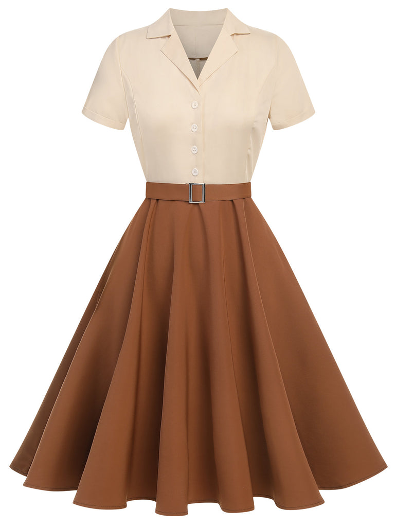 Khaki Grün 1950ER Patchwork V-Ausschnitt Kurzarm Swing Kleid