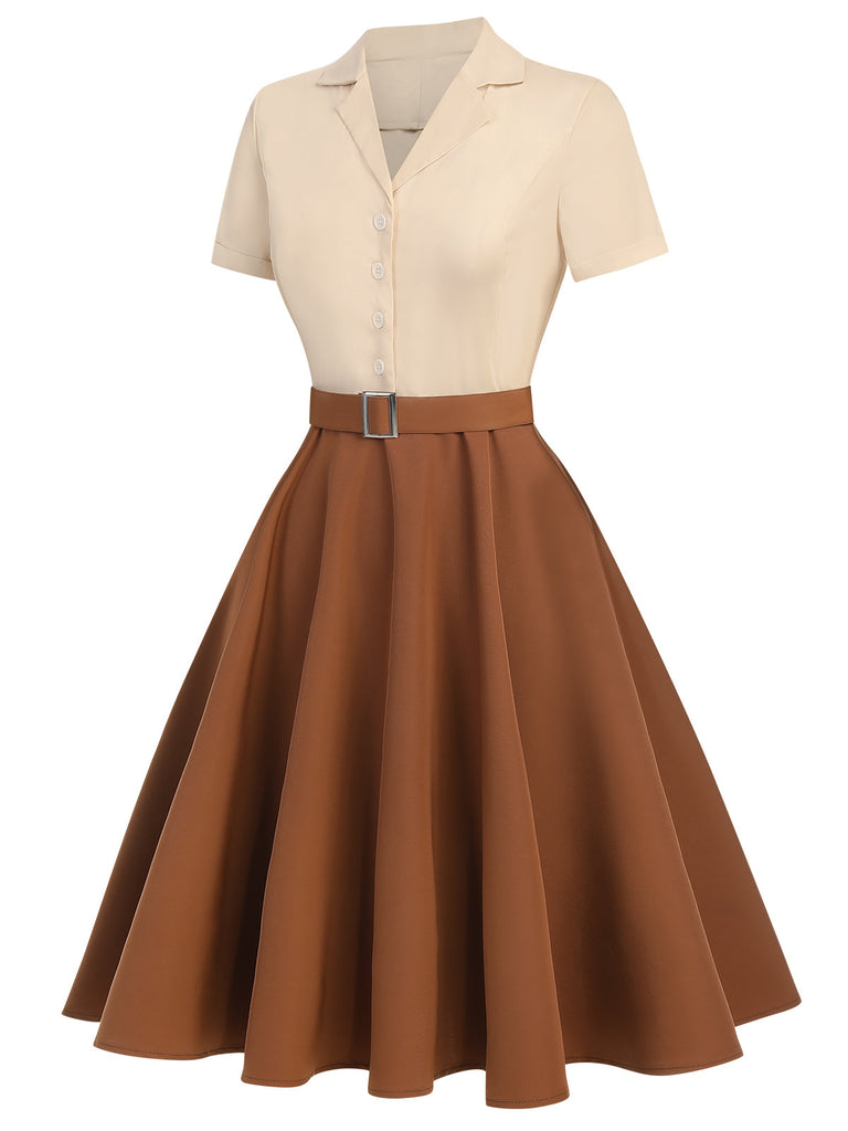 Khaki Grün 1950ER Patchwork V-Ausschnitt Kurzarm Swing Kleid