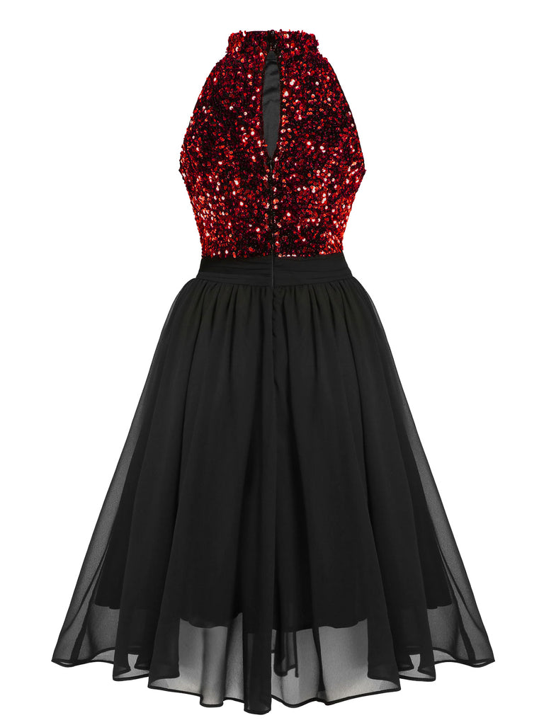 Rot 1950er Glitzer Patchwork Kleid
