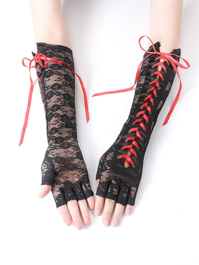 Schwarz Gothic Party Schnürung Hälfte Finger Handschuhe
