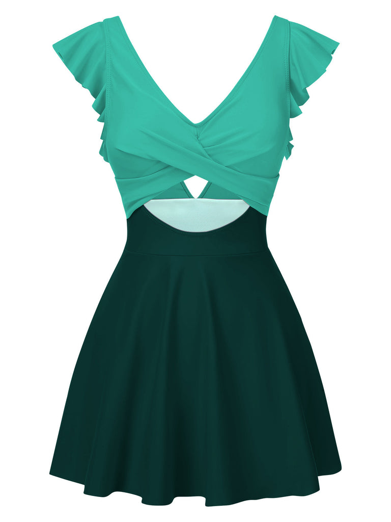 1930er Solide Rüschen Hohl Patchwork Badekleid