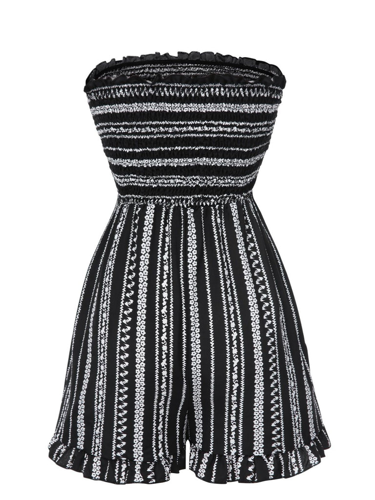 Schwarz 1970er Boho Streifen Bandeau Gesmokt Romper