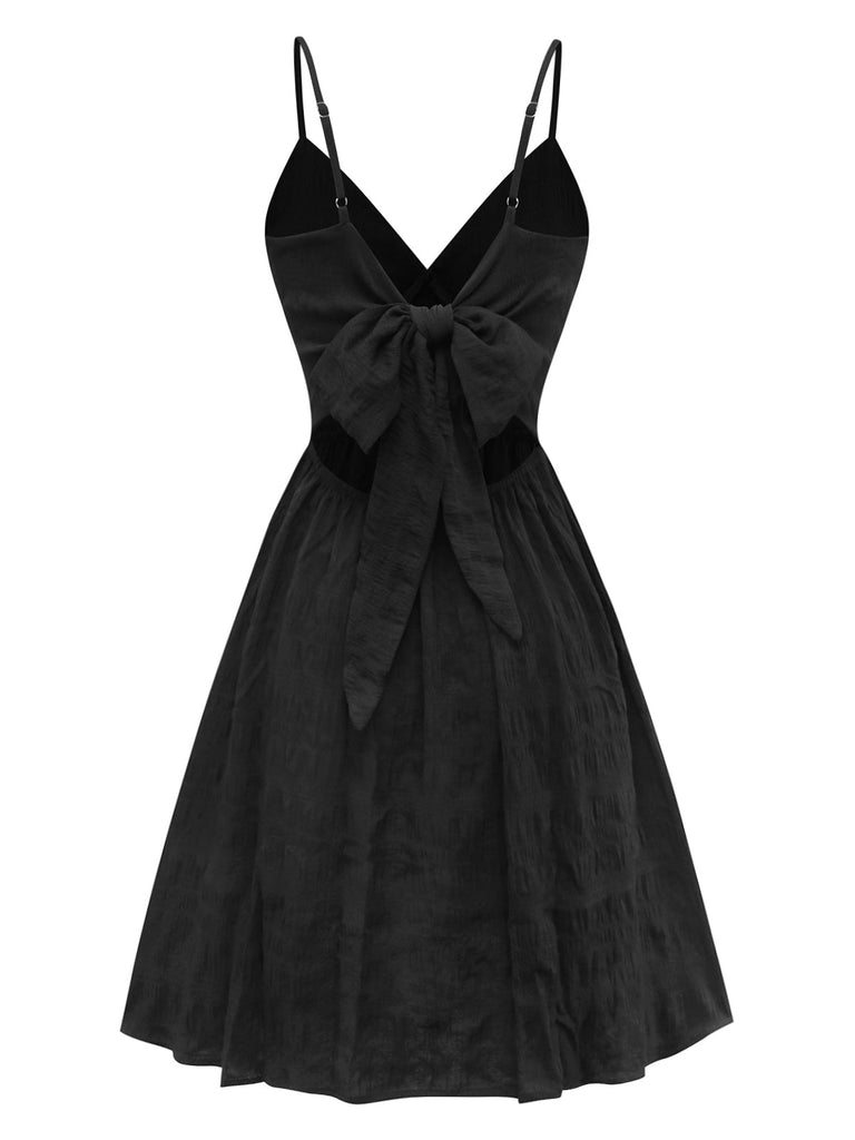 Schwarz 1970er Boho Besticktes Blumen Zurück-Bogen Kleid